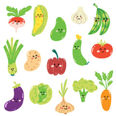 Set of hand drawn vegetables in cartoon kawaii style. Cute ripe veggies in childish style for print, menu, kids game