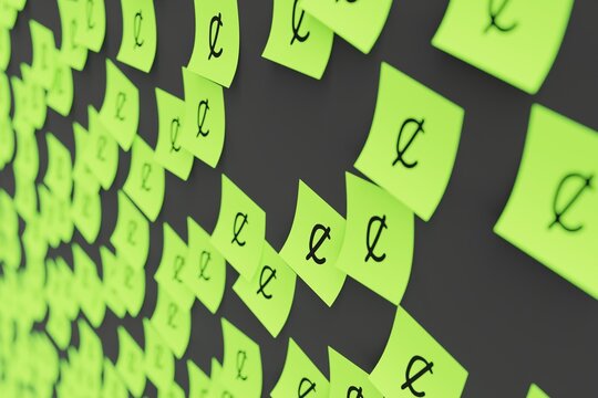 Many green stickers on black board background with symbol of Ghana cedi drawn on them. Closeup view with narrow depth of field and selective focus. 3d render, illustration