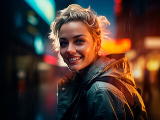 Fototapeta premium Young European woman wearing glasses on a big city street with neon lights in the background. Steampunk white girl on the street of evening city