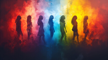 group of female silhouettes walking in rainbow smoke