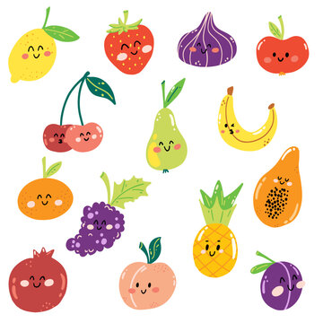 Set of hand drawn fruits in cartoon kawaii style. Cute juicy fruit in childish style for print, menu, kids game