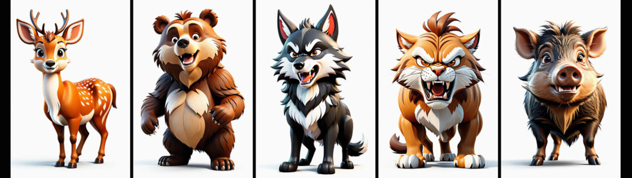 Set of various animals such as Wolf, puma, bear, deer and wild boar in cartoon 3D style on a white background