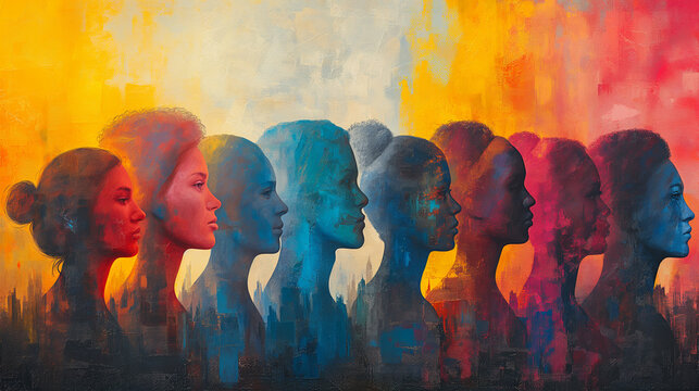 a row of human faces in different colors, diversity concept