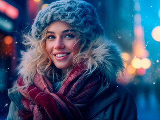 Young European woman wearing glasses on a big city street with neon lights in the background. Steampunk white girl on the street of evening city