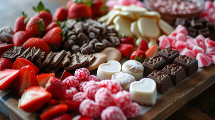 A charcuterie board for Valentine's Day is adorned with sweets, strawberries, chocolate, and cookies, offering a traditional and romantic holiday snack. generative AI