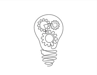 Continuous one single line drawing innovation Light bulb and gears inside icon vector illustration concept