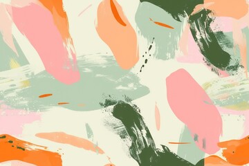 Abstract background with green, pink, and orange colors, asymmetrical colorful packaging pattern design, and brush ink style. - obrazy, fototapety, plakaty