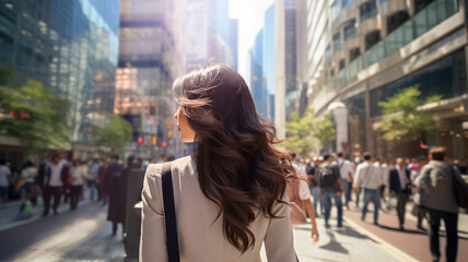 オフィス街にいるアジア人女性の後ろ姿