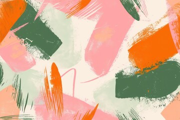 Brush ink style abstract background adorned with asymmetrical colorful packaging pattern design, highlighted by green, pink, and orange hues