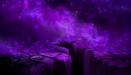 Foto op Plexiglas Night landscape, split earth, cracked, with purple smoke, neon, stars. © MiaStendal
