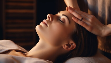 Woman`s hands make a therapeutic neck massage for a girl lying on a massage couch in a massage spa salon. Close up