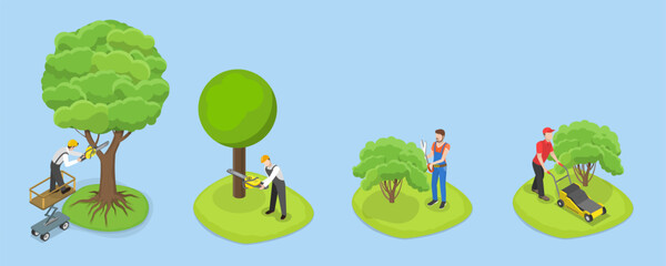 3D Isometric Flat Vector Set of Professional Gardener, Gardens and Parks Maintenance Service, Tree Pruning
