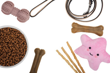 Set of different dog care accessories and toys isolated on white background