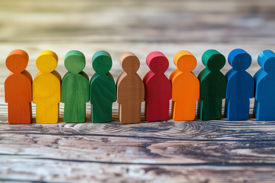 Row of multicolored wooden figures standing representing diversity and inclusion concept