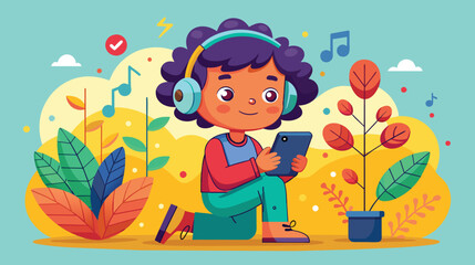 Young Boy Enjoying Music on His Tablet in a Colorful Park Setting