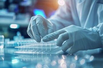 Scientist meticulously working with cell culture plates in a laboratory setting, reflecting precision and innovation in research