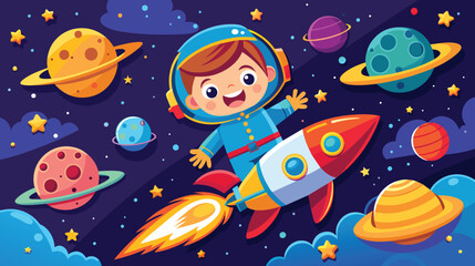 Boy in Space Suit Flying on Rocket