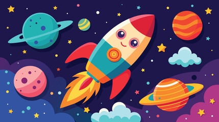 Cartoon Rocket Flying Among Planets in the Sky
