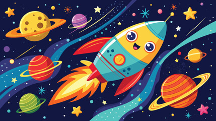 Fototapeta premium Cartoon Rocket Flying Through Sky With Planets