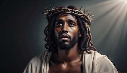 Portrait of black Jesus Christ with crown of thorns on his, head in the darkness in front of the crucifix in the background, a heavenly ray.
