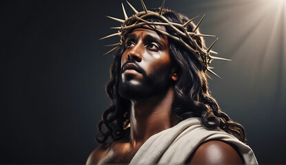 Portrait of black Jesus Christ with crown of thorns on his, head in the darkness in front of the crucifix in the background, a heavenly ray.