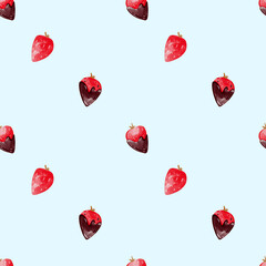 Watercolor pattern with chocolate covered strawberries for Valentines day on the blue background, fabric, paper any design. Digital watercolor illustration