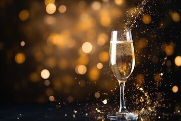 Sparkling Champagne in a Flute Glass Against a Glittering Golden Bokeh Background