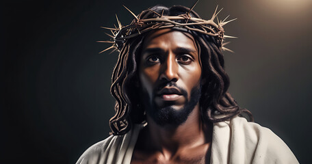 Portrait of black Jesus Christ with crown of thorns on his, head in the darkness in front of the crucifix in the background, a heavenly ray.