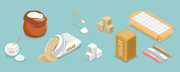 3D Isometric Flat Vector Set of Sugar Items, Granulated, Powder, Cubes