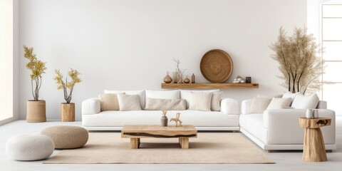 Spacious white living room with furniture, decor, and natural elements.