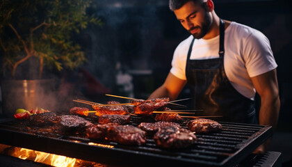 A man cooks a meat steak on charcoal grill. Barbecue party. Steaks cooking over flaming grill