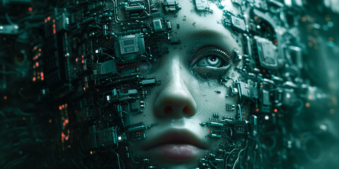 Fototapeta na wymiar a female cyberpunk android boots up and opens it's eyes