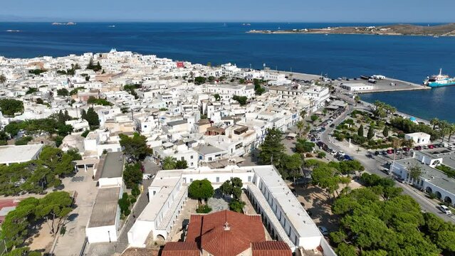 Aerial drone video from famous Byzantine monastery of Ekatontapyliani in main village of Paros island, Parikia, Cyclades, Greece