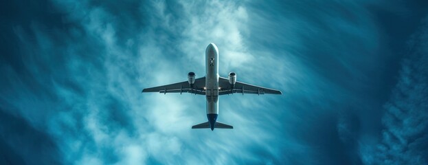 Airplane Soaring Through Cloudy Blue Sky