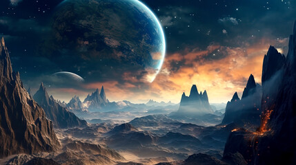 Alien Planet Landscape at Sunset with Majestic Moon created with Generative AI technology