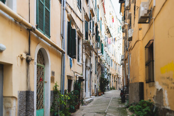 Corfu street view, Kerkyra old town beautiful cityscape, Ionian sea Islands, Greece, a summer sunny day, pedestrian streets with shops and cafes, architecture of historic center, travel to Greece