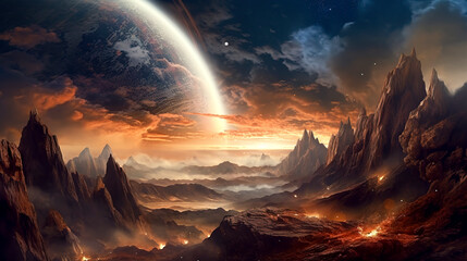 Alien Planet Landscape at Sunset with Majestic Moon created with Generative AI technology