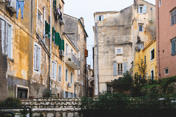 Corfu street view, Kerkyra old town beautiful cityscape, Ionian sea Islands, Greece, a summer sunny day, pedestrian streets with shops and cafes, architecture of historic center, travel to Greece