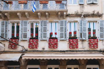 Corfu street view, Kerkyra old town beautiful cityscape, Ionian sea Islands, Greece, a summer sunny day, pedestrian streets with shops and cafes, architecture of historic center, travel to Greece