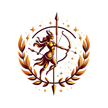 Golden Sagittarius Zodiac Sign Illustration with Bow, Arrow, and Laurel Wreath