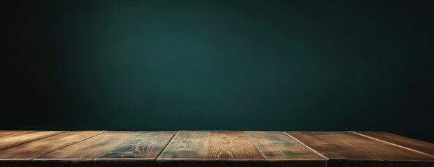 Wooden Table With Green Wall Background - obrazy, fototapety, plakaty