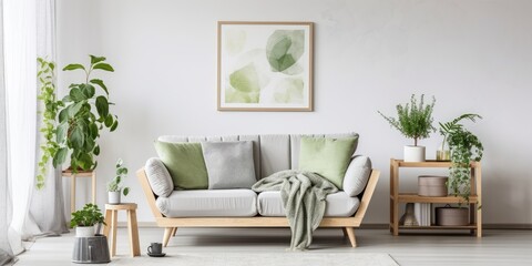 Photo of grey sofa with green cushion and blanket in white living room with posters, plants, armchair, wooden coffee table, book, and tea mug.