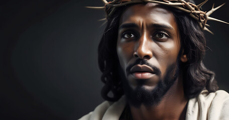 Portrait of black Jesus Christ with crown of thorns on his, head in the darkness in front of the crucifix in the background, a heavenly ray.