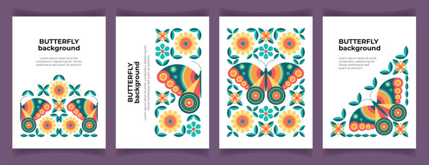 Set of beautiful abstract geometric backgrounds with butterflies and flowers. Spring or summer decorative floral card. Poster, invitation, gift card, packaging design element