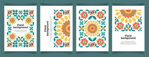 Set of abstract modern backgrounds with stylised flowers. Beautiful floral geometric pattern in scandinavian style. Poster, invitation, greeting or thank you card