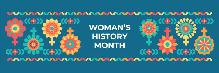 Women's history month banner with abstract geometric floral elements - obrazy, fototapety, plakaty