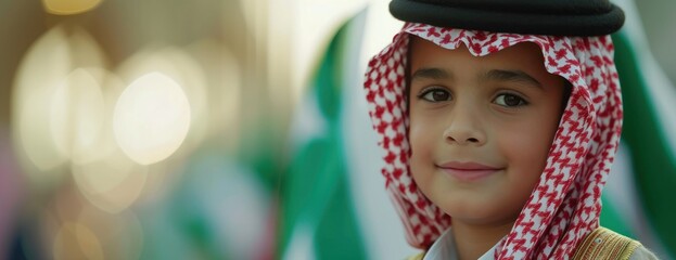 Young Boy Wearing Red and White Headdress saudi national day