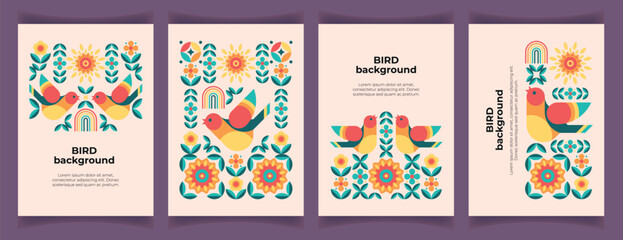 Fototapeta na wymiar Set of abstract backgrounds with stylised bird, flowers, sun, rainbow. Cutel geometric pattern with bird and nature symbols in scandinavian style. Nostalgic romantic greeting or thank you card