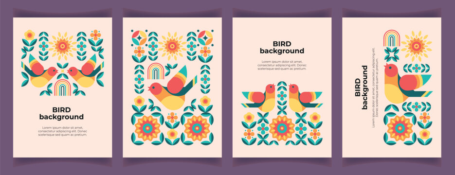 Set of abstract backgrounds with stylised bird, flowers, sun, rainbow. Cutel geometric pattern with bird and nature symbols in scandinavian style. Nostalgic romantic greeting or thank you card