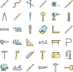 Work carpenter tools icons set. Outline set of work carpenter tools vector icons thin line color flat on white